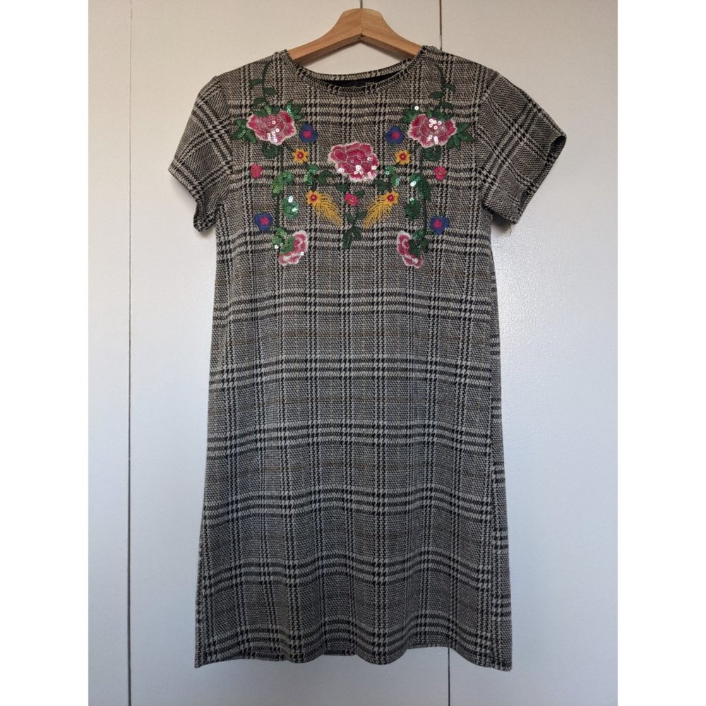 Zara | Houndstooth Floral Sequin Sheath Dress